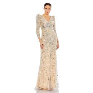 Mac Duggal Sequined‎ Vneck Puff Sleeve Gown